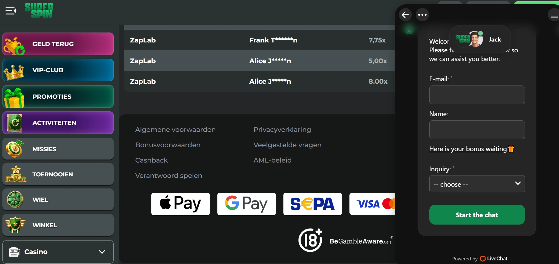 Super Spin Casino klantenservice live chat