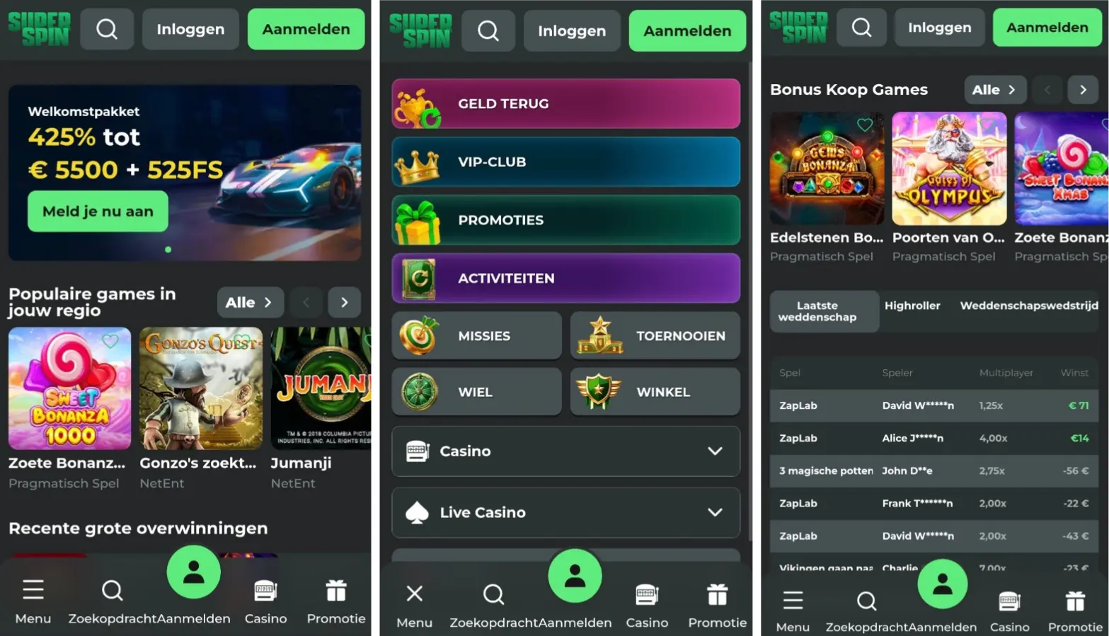 Super Spin Casino mobiele versie op smartphone